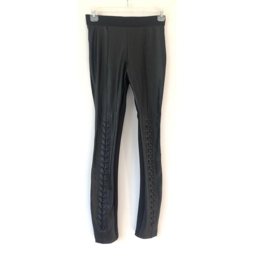 BCBGMAXAZRIA Black Solid Nylon Blend Elastic Waist Lace Up Leggings Medium